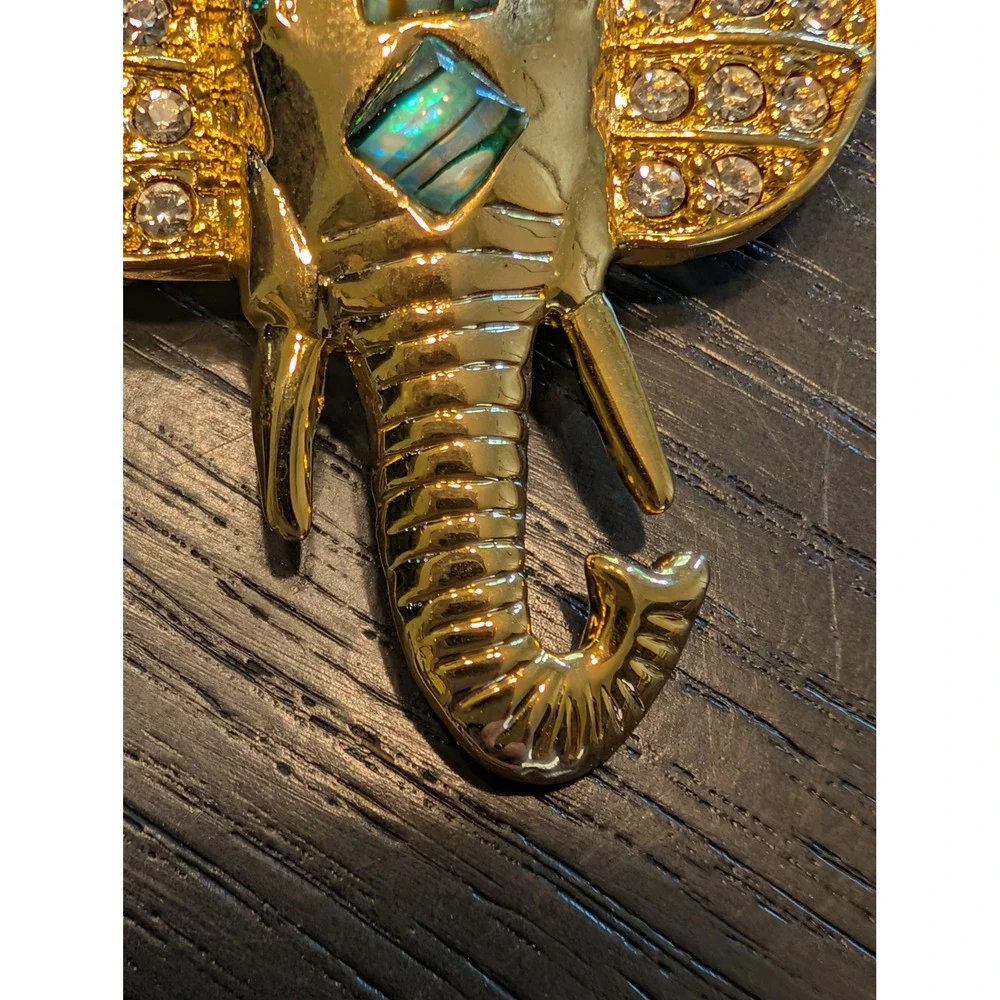 Gold Tone Elephant Head Brooch Rhinestone Abalone Shell Inlay Safari Pin - Picture 11 of 12